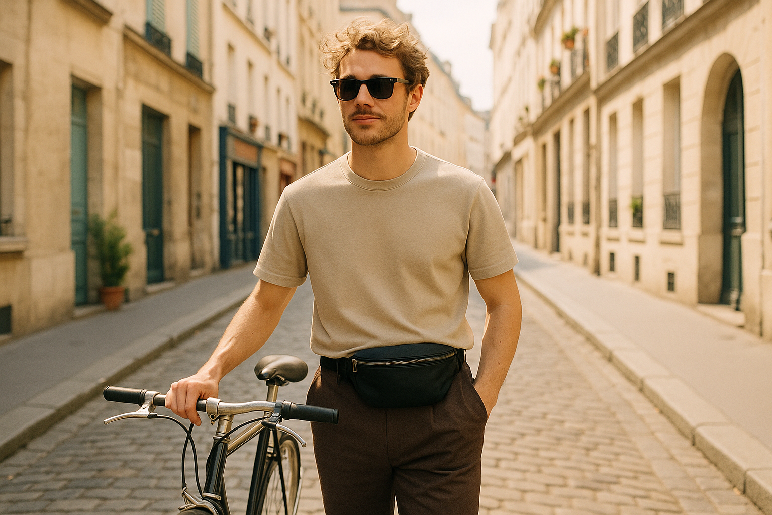 Léopold qui se balade dans la rue avec des accessoires comme un sac banane, des lunettes de soleil, et un vélo