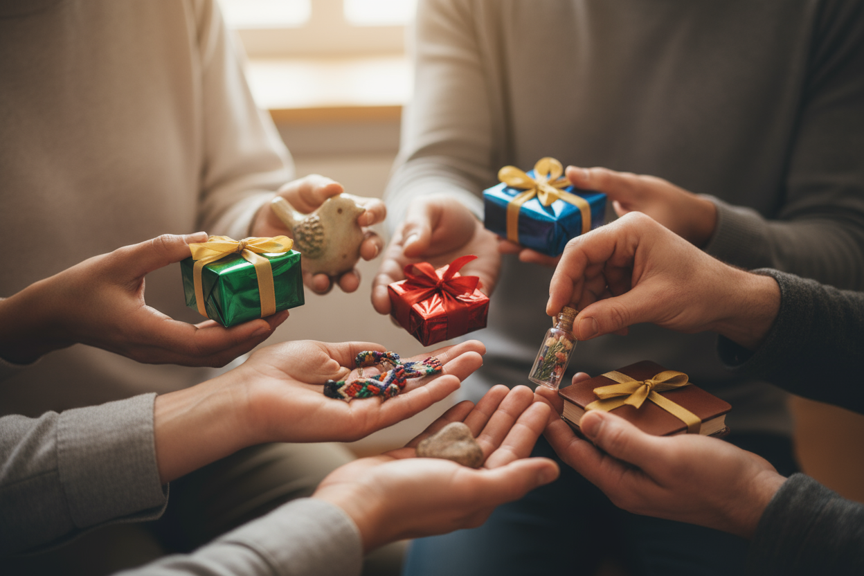 Photo de petits cadeaux que se font des amis. La photo est cadrée sur les mains des amis qui tiennent les différentes cadeaux
