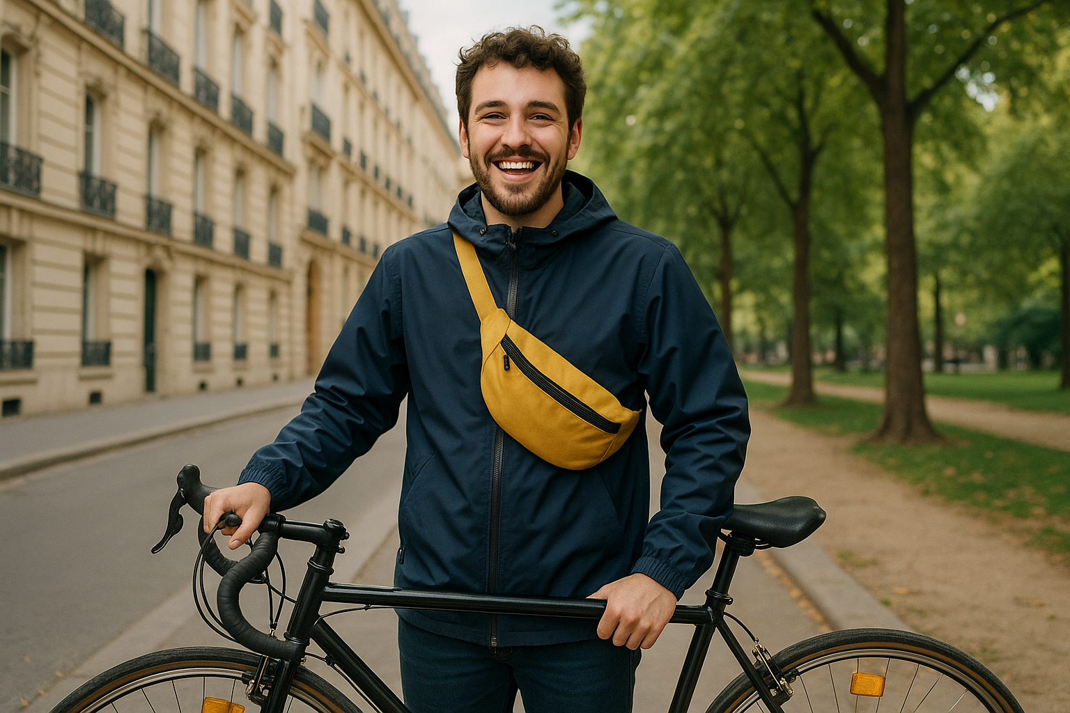 Léopold tient un vélo avec des réflecteurs réfléchissants sur les rayons du vélo. Il a également un sac banane jaune en bandoulière. Il porte une veste de pluie bleu marine. Il arbore un grand sourire. Le décor est d'un côté la ville, style paris et d'un autre côté un parc arboré.